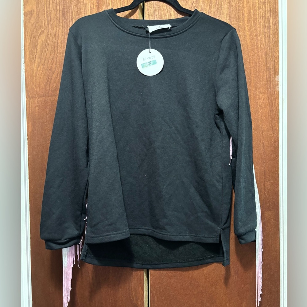 Women's Black Crewneck with pink & white tassels